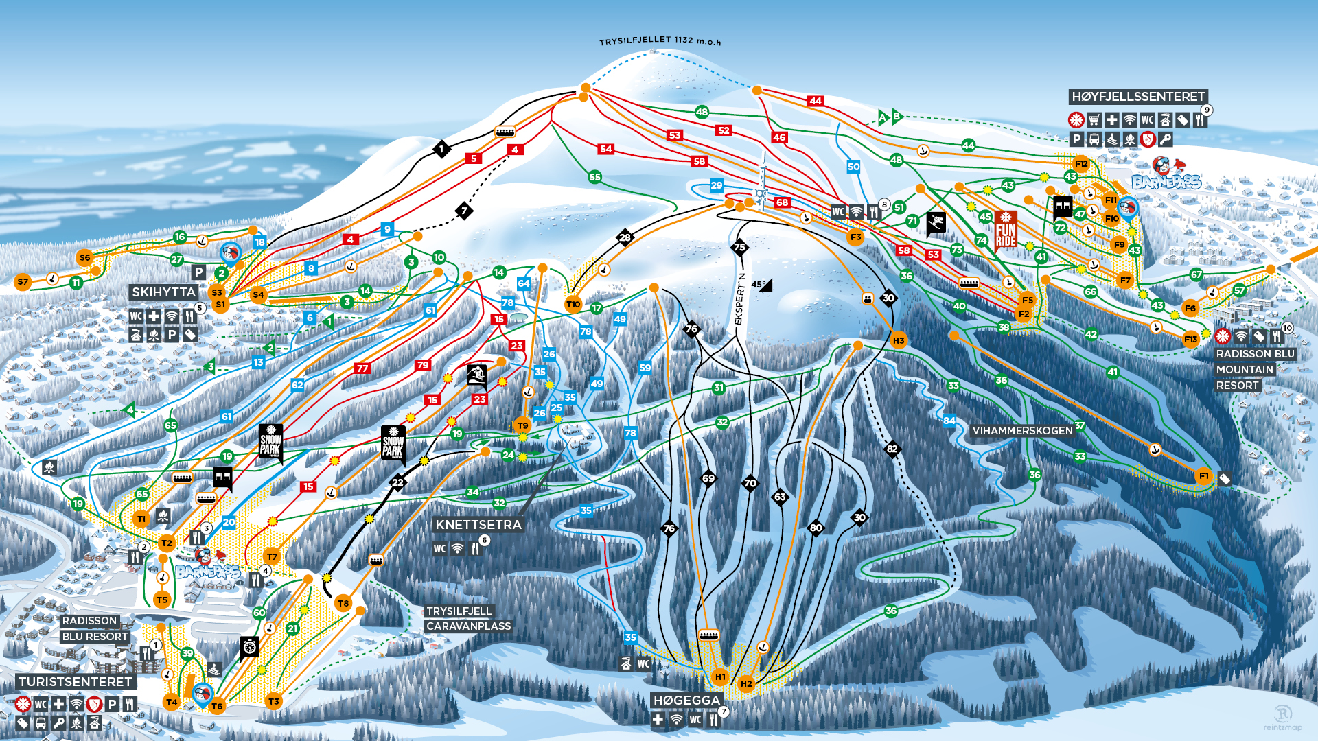 Trysil skidkarta med olika färgmarkerade backar, liftar och skidområden, inklusive skidparker och resortområden som Høyfjellssenteret och Radisson Blu Mountain Resort. Perfekt för vintersportentusiaster