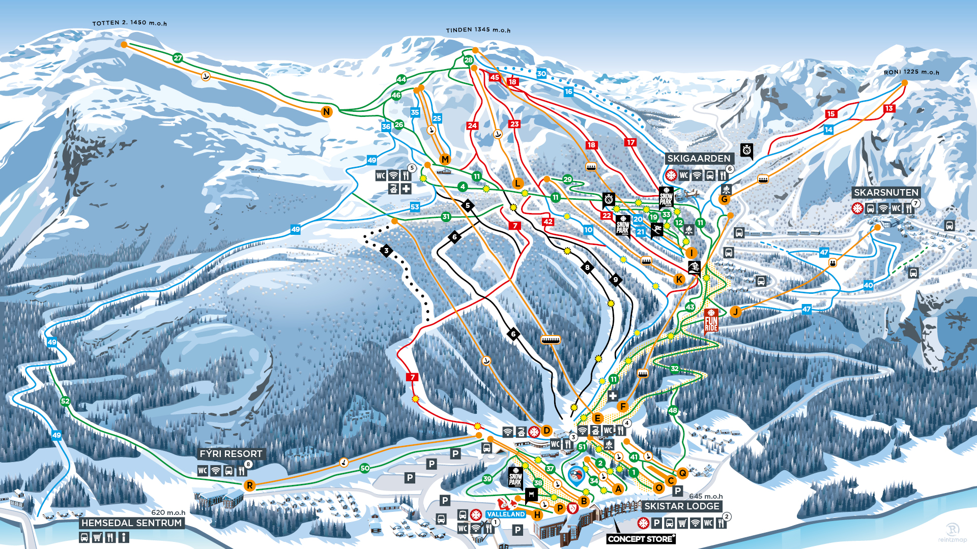 Karta över skidbackarna i Hemsedal med olika nedfarter markerade i färger för svårighetsgrad. Liftar och tjänster som restauranger och toaletter är också utmärkta. Populära områden som Skigaarden och Skarsnuten syns på kartan