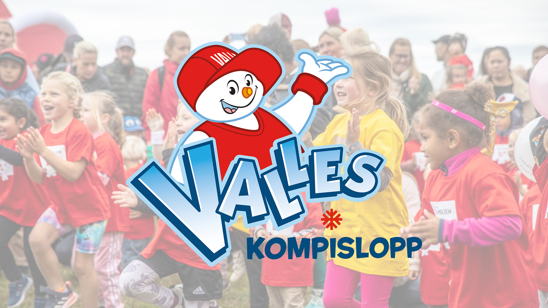 Barn deltar i Valles Kompislopp iklädda färgglada tröjor, med Valles logotyp i förgrunden