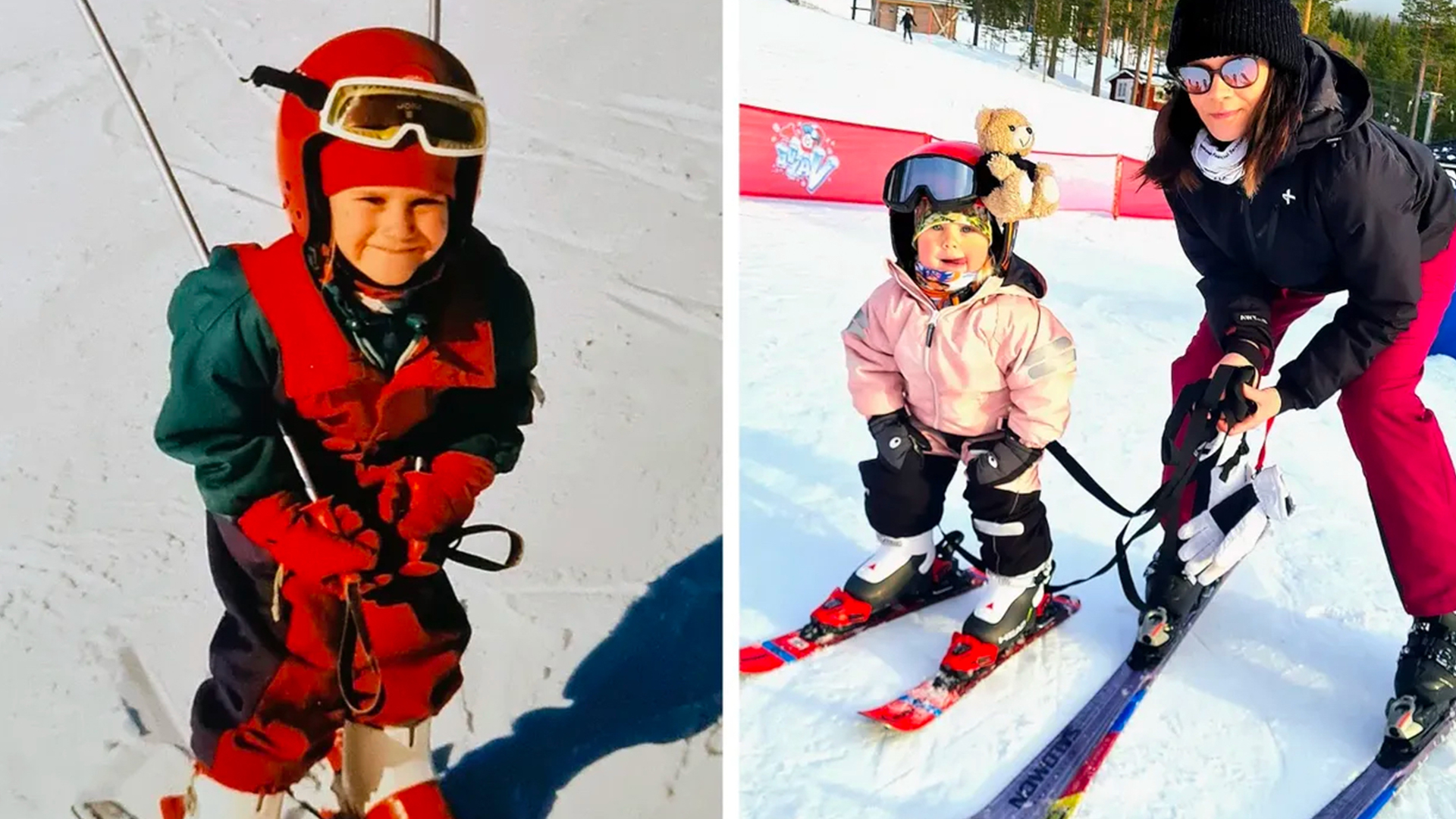 Barn som åker skidor; till vänster, ett barn i röd skidutrustning håller i en skidlift; till höger, ett barn med rosa jacka och hjälm bredvid en vuxen på skidor