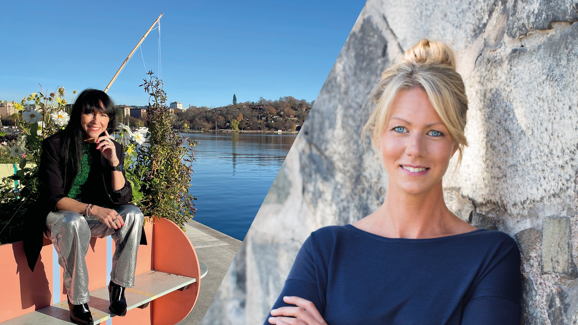 Två kvinnor poserar utomhus , en sitter vid blomsterarrangemang och den andra lutar mot en stenmur. Klarblå himmel i bakgrunden