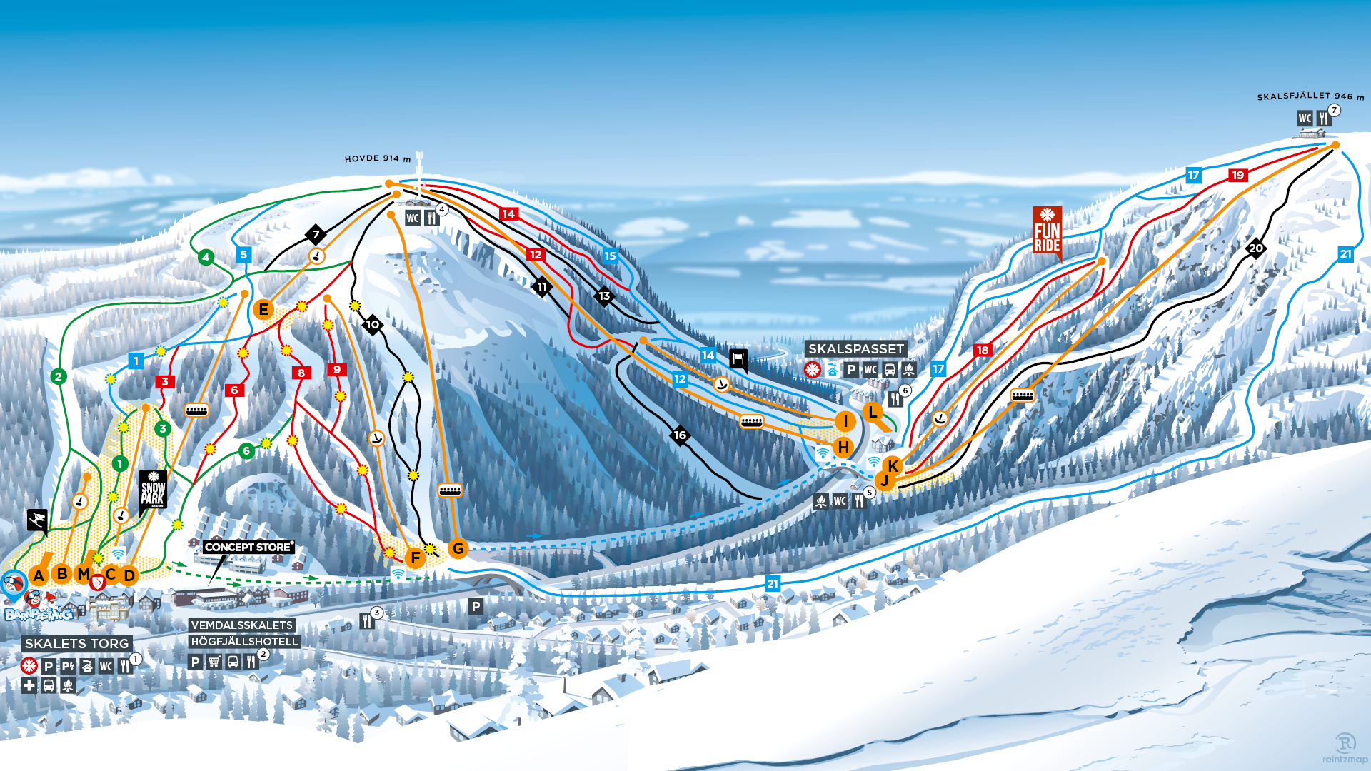 Karta över Vemdalsskalets skidområde med markerade pister och liftar, inklusive backar av varierande svårighetsgrad och faciliteter som restauranger och parkeringsområden