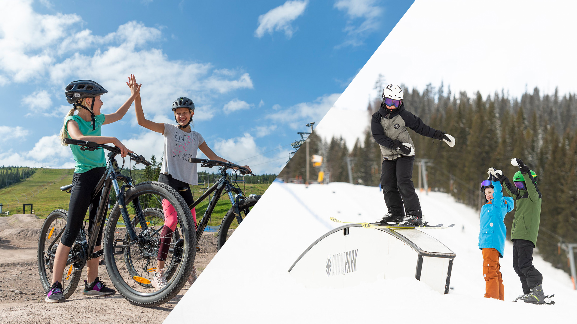 Mountainbikeentusiaster ger high-five under sommaren och snowboardåkare njuter av railåkning i skidparken på vintern, mot bakgrund av berg och skog