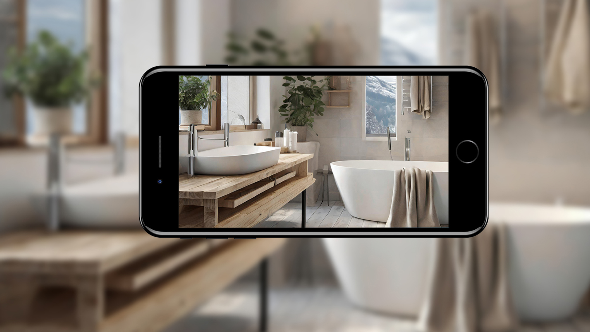 Smartphone som visar ett modernt badrum med fristående badkar, trädetaljer och gröna växter i en ljus och skandinavisk inredning