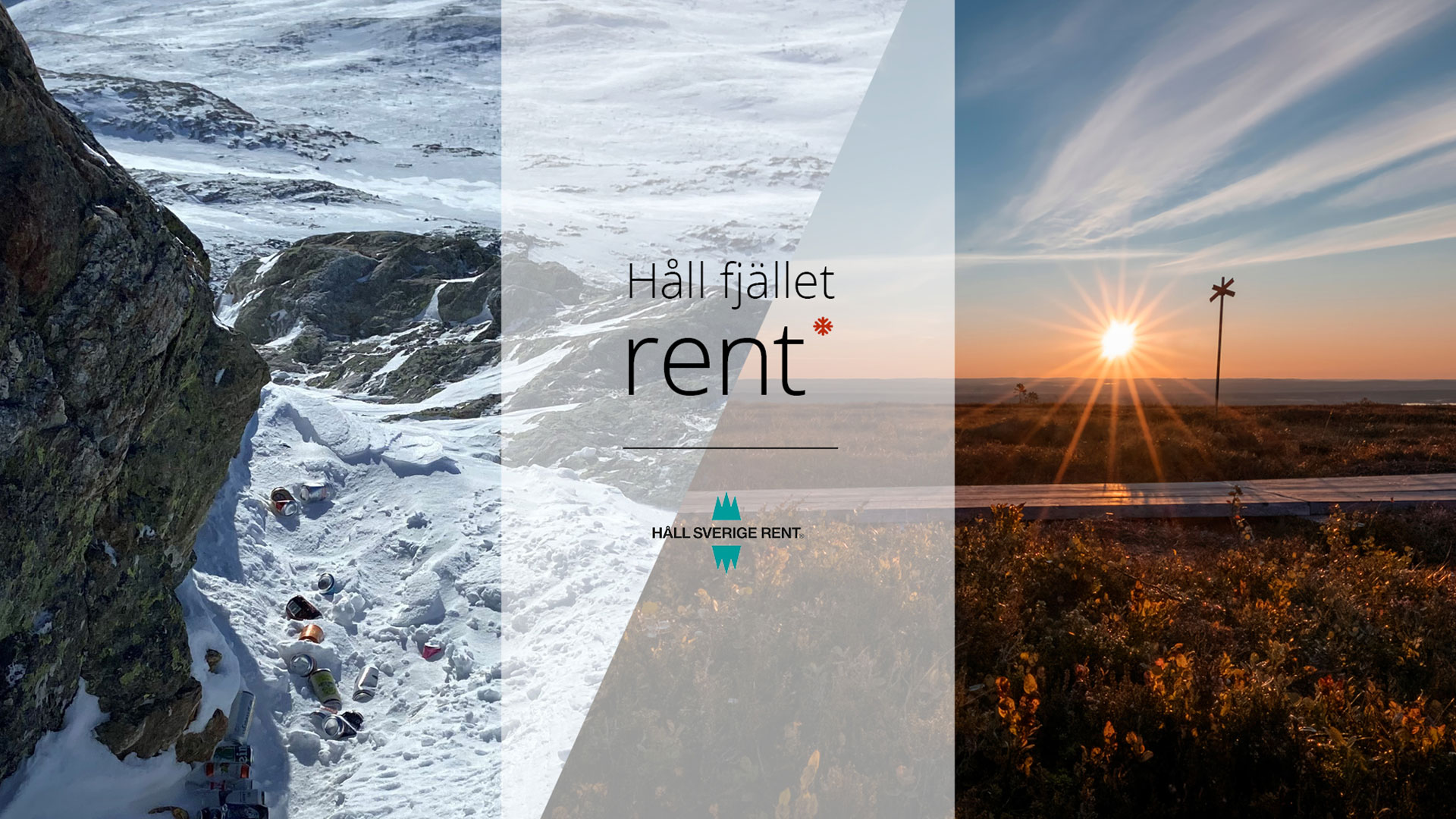 Kampanjbild för "Håll fjället rent" med snölandskap till vänster och solnedgång över fjäll till höger