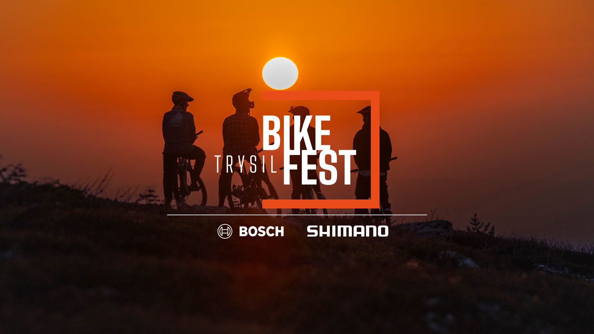 Silhuetter av cyklister vid solnedgång, Trysil Bike Fest logotyp, sponsorer Bosch och Shimano