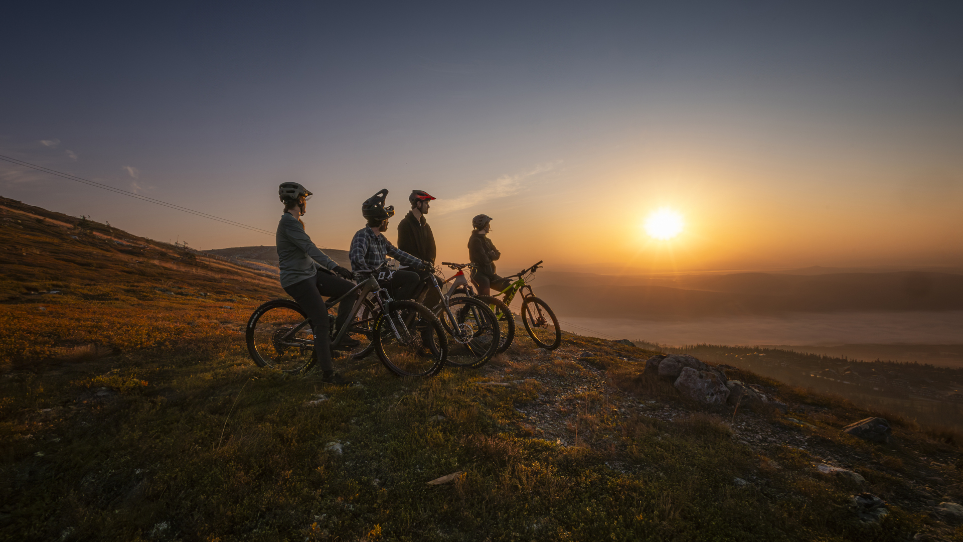 Fyra mountainbike-cyklister vid solnedgång på bergstopp