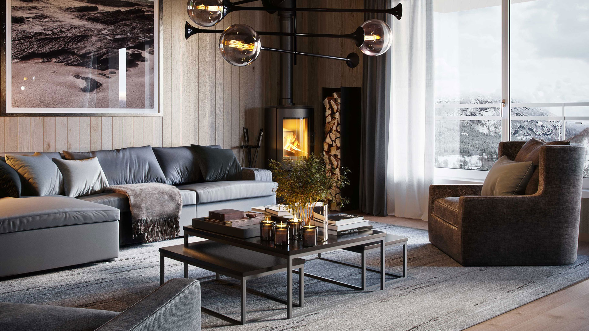 Luxurious living room with modern decor, gray sofas, fireplace, and large windows with a view of snow-covered mountains