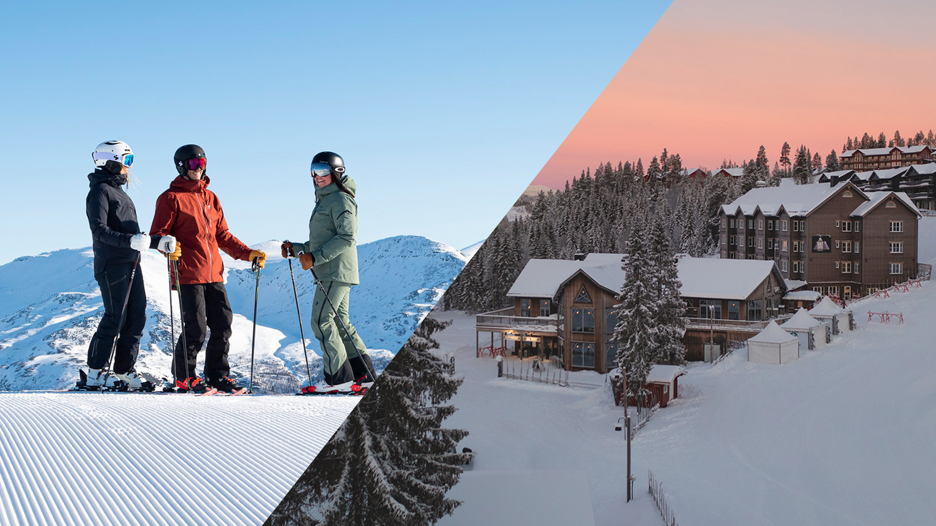 Tre skidåkare på en pist vid bergstopp, snötäckta berg i bakgrunden, samt en vinterresort med stugor i solnedgång