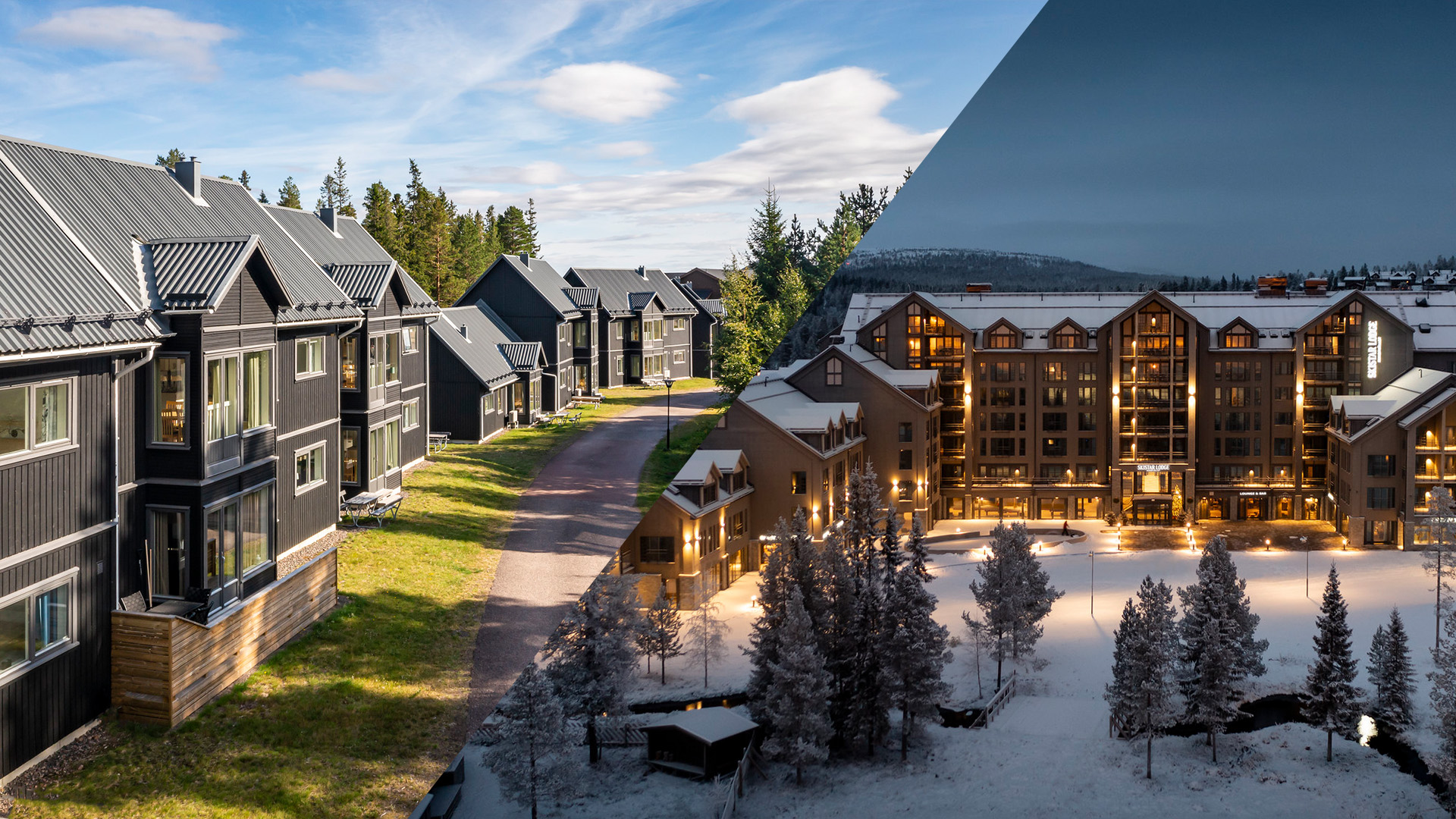 Utsikt över moderna bostadshus som övergår från sommar till vinterlandskap med snötäckta sluttningar och belysta byggnader, omgivna av skog