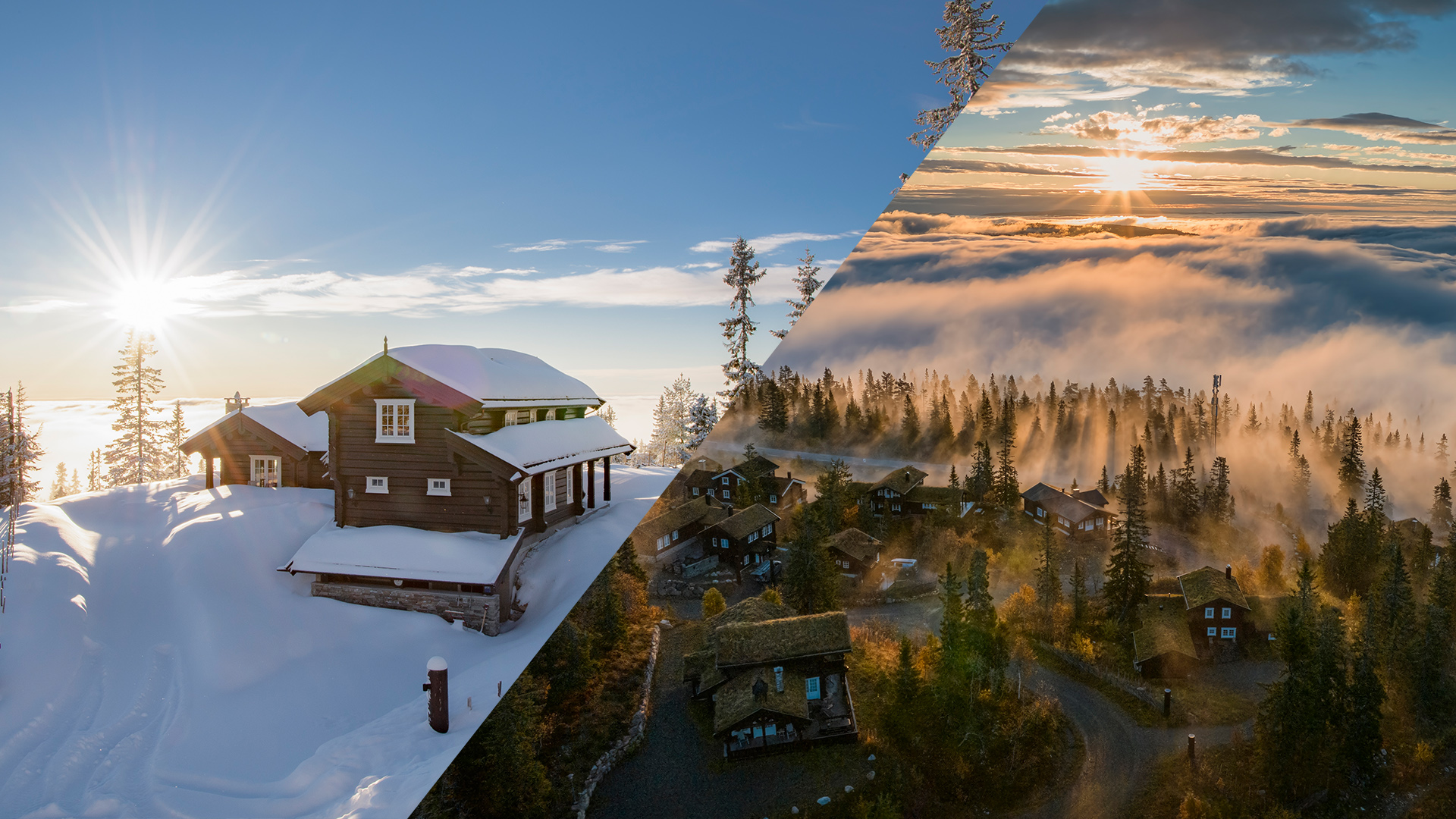 Stuga i fjällen under vintern med snötäckt tak, delad bild med höstlandskap i disig solnedgång över skog och timmerstugor