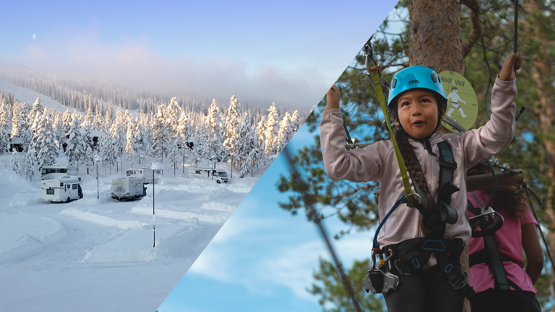 Snöklädd campingplats med husbilar och vinterlandskap, åtskiljd från en ung flicka som klättrar i en äventyrsbana, bärande hjälm och säkerhetssele i en grön skog