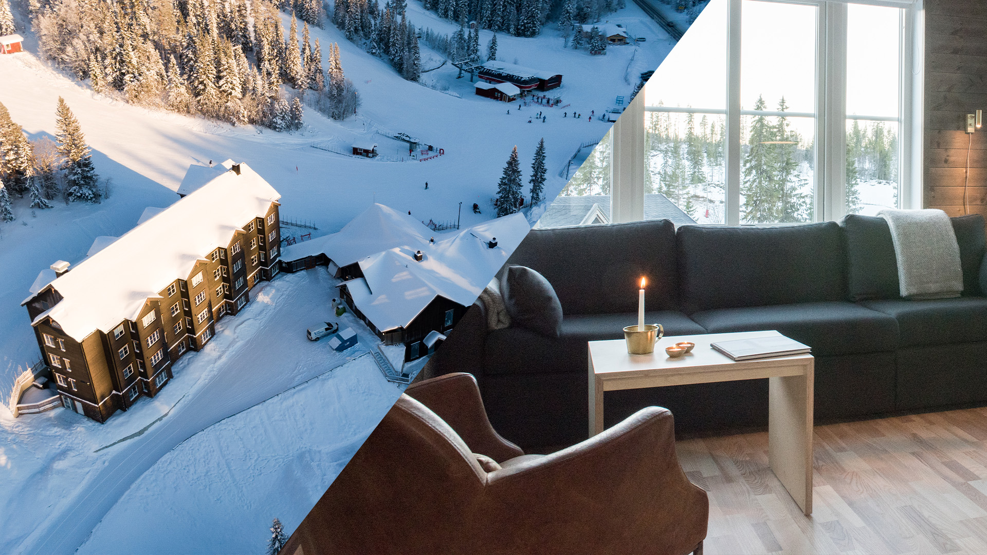Vinterutsikt över ett snötäckt hotell nära skidbackar och ett mysigt vardagsrum med soffa och panoramafönster i Åre, Sverige