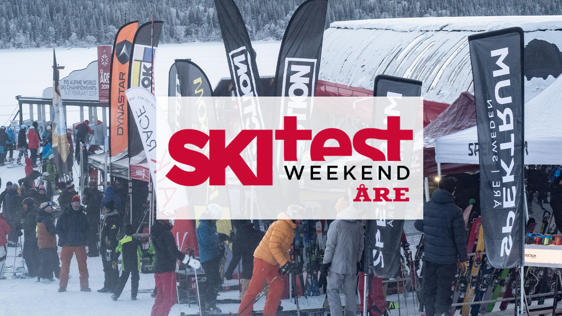 Skitest Weekend Åre 2023 med deltagare och skidutrustning i vinterlandskap