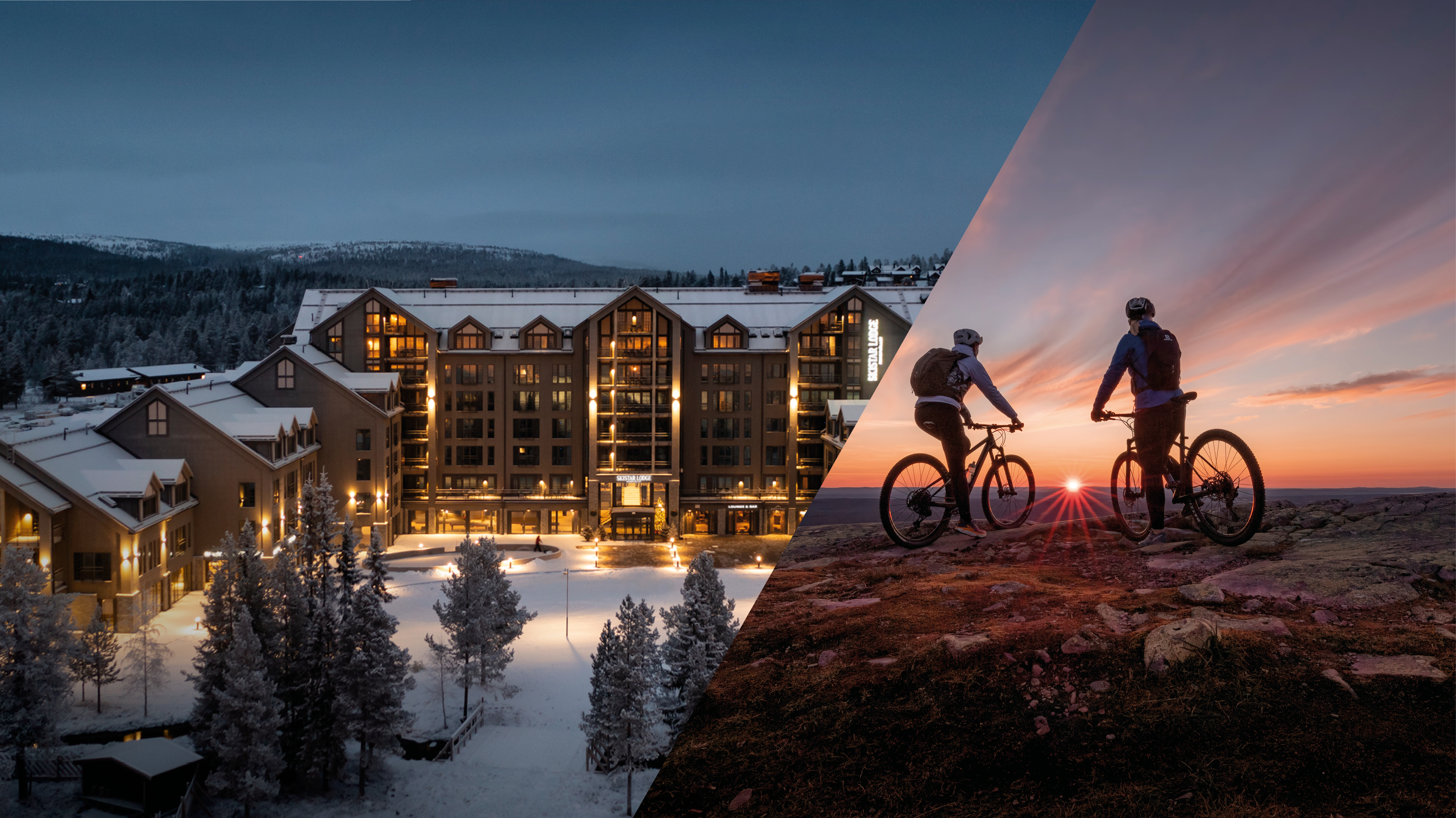 Hotell i snötäckt landskap bredvid solnedgångsscen med två cyklister på bergstopp