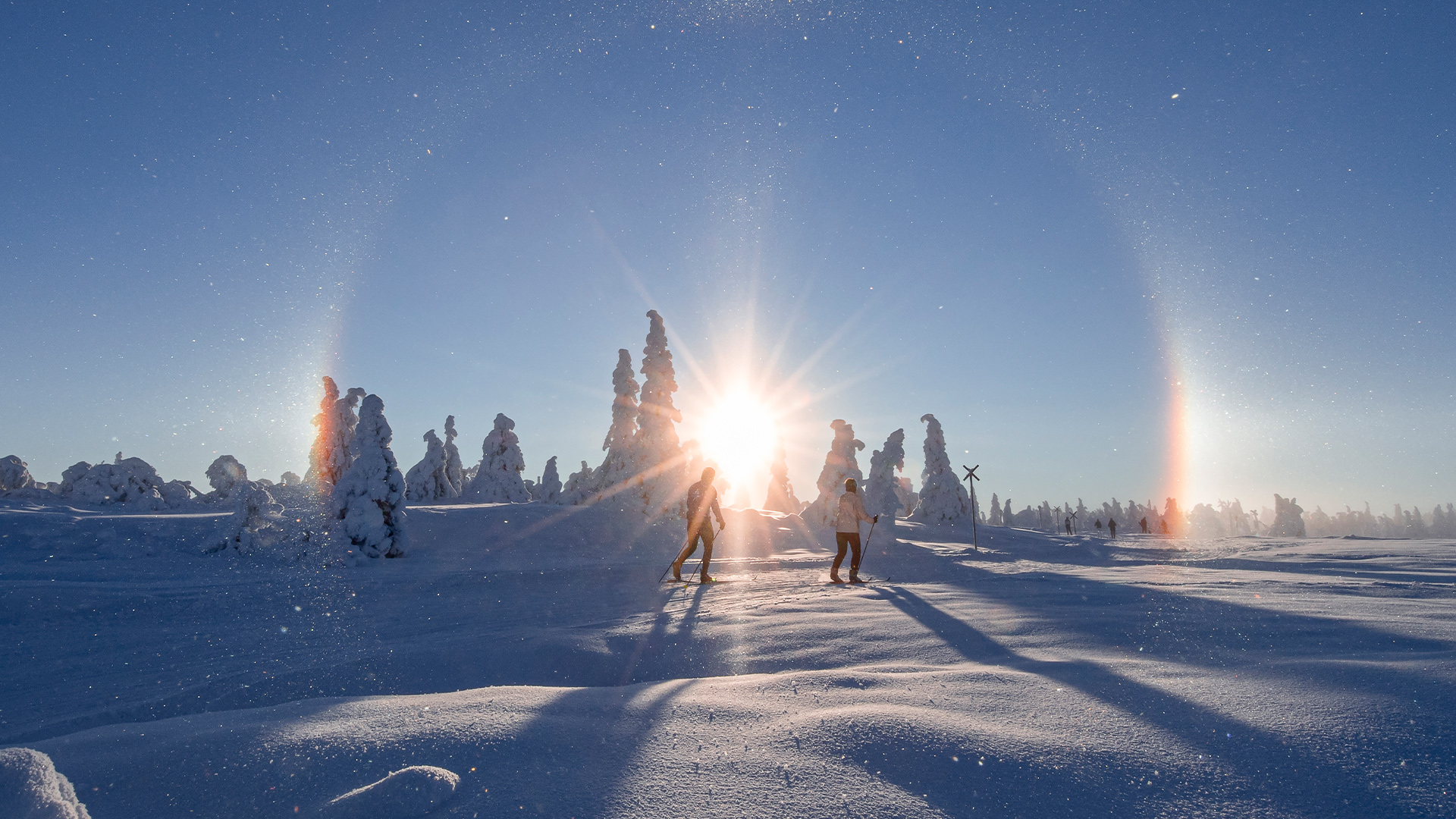 Vinterlandskap i Sverige med snötäckta träd, två personer som åker skidor i förgrunden, sol och halo-effekt på himlen