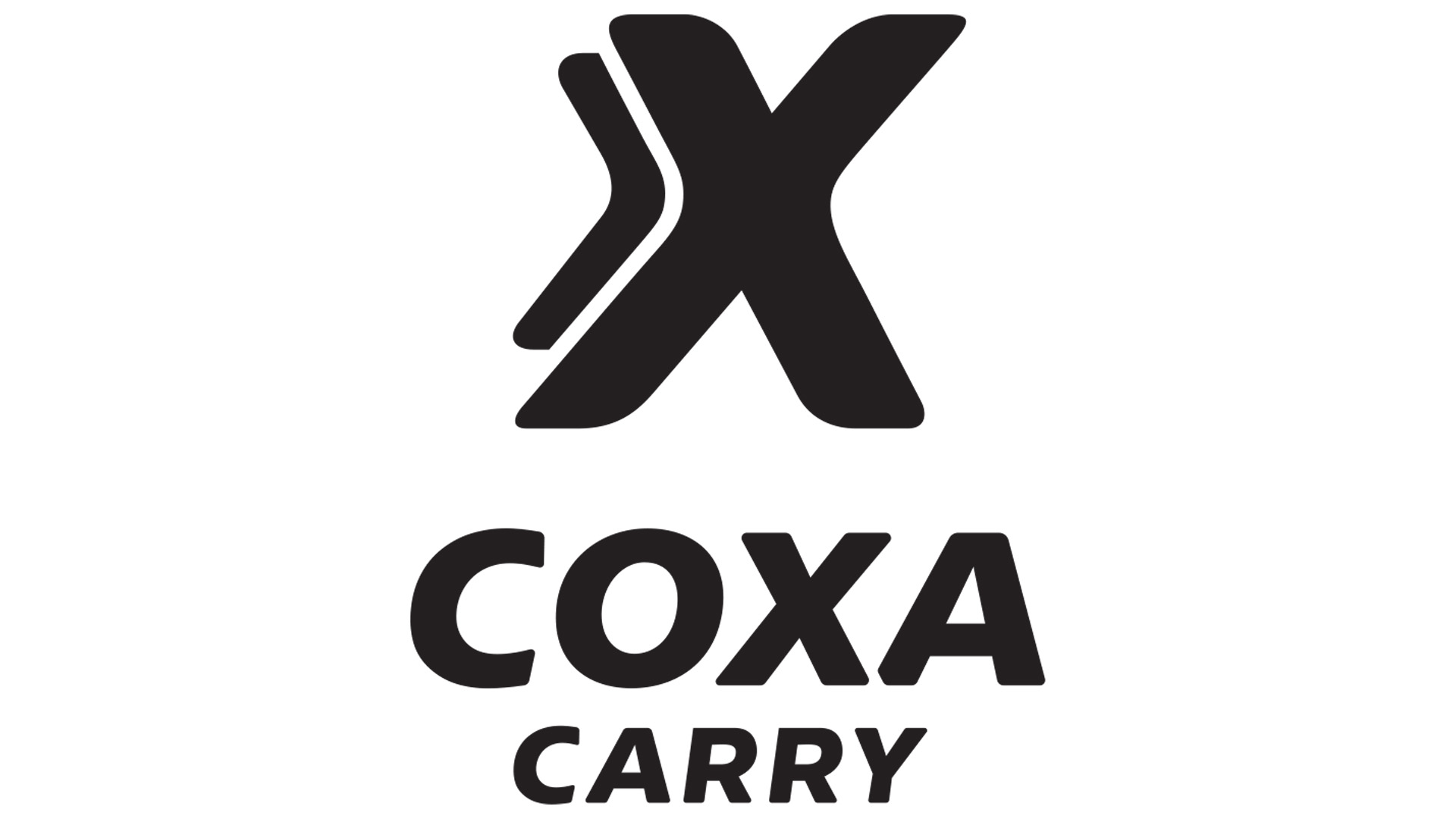 Coxa Carry logotyp i svart och vitt med stiliserad X-symbol