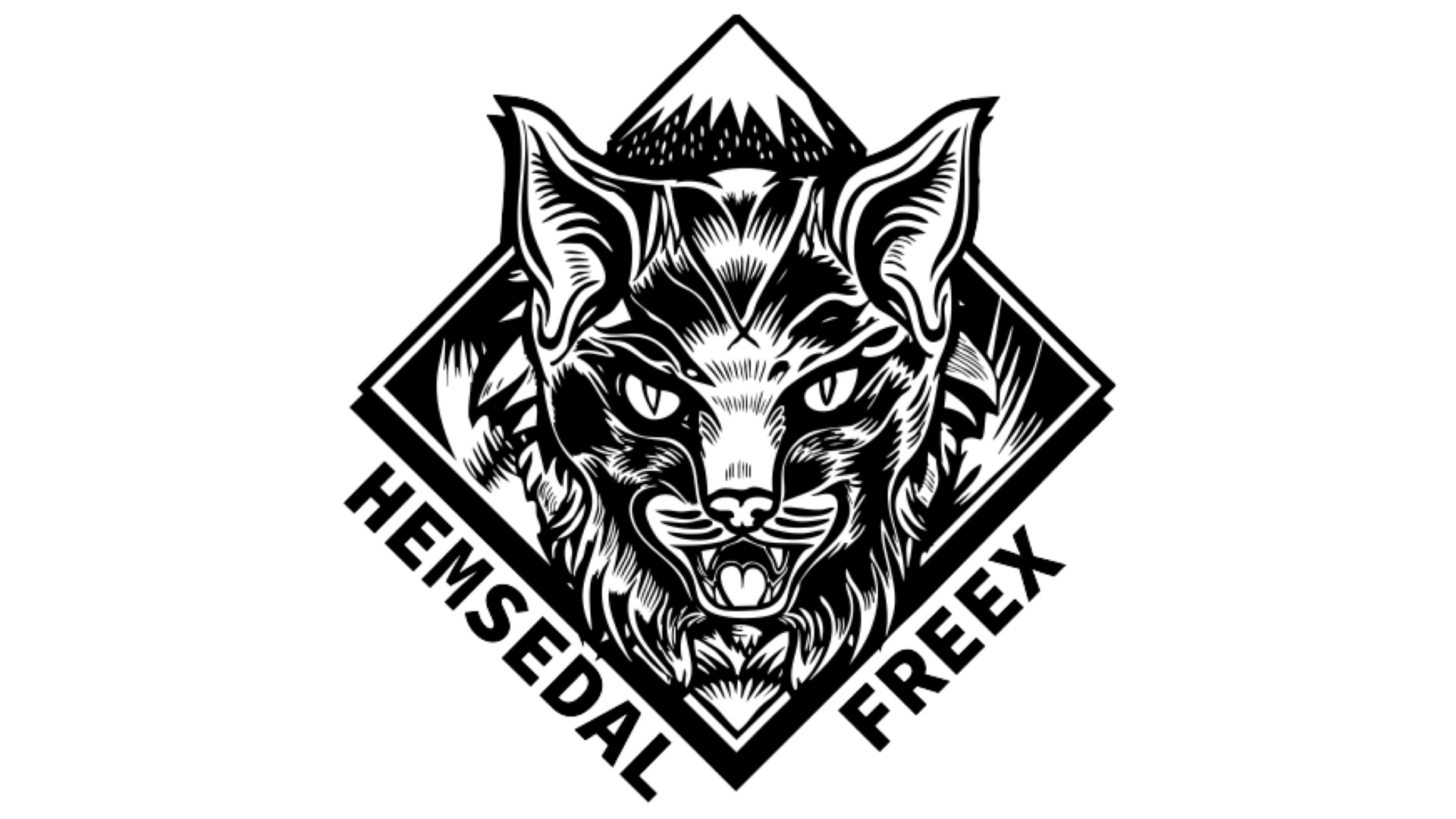 Logodesign for Hemsedal Freex med en stilisert katt og fjell i bakgrunnen, i svart-hvitt