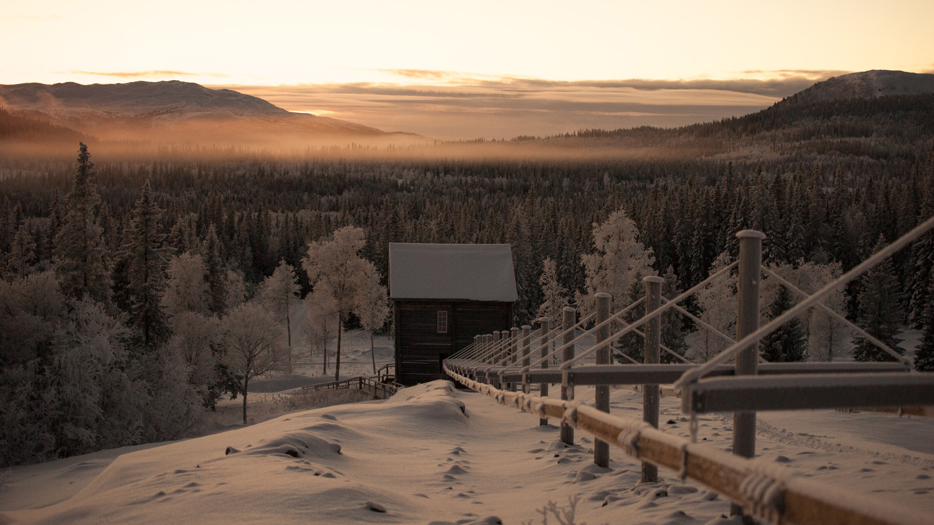 Snötäckt landskap med frostad skog och en stuga vid solnedgången i Sveriges fjällområde
