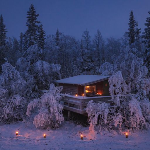 Snötäckt vinterlandskap med en stuga omgiven av snötyngda träd under skymningen, upplyst av utomhusbelysning och ljus