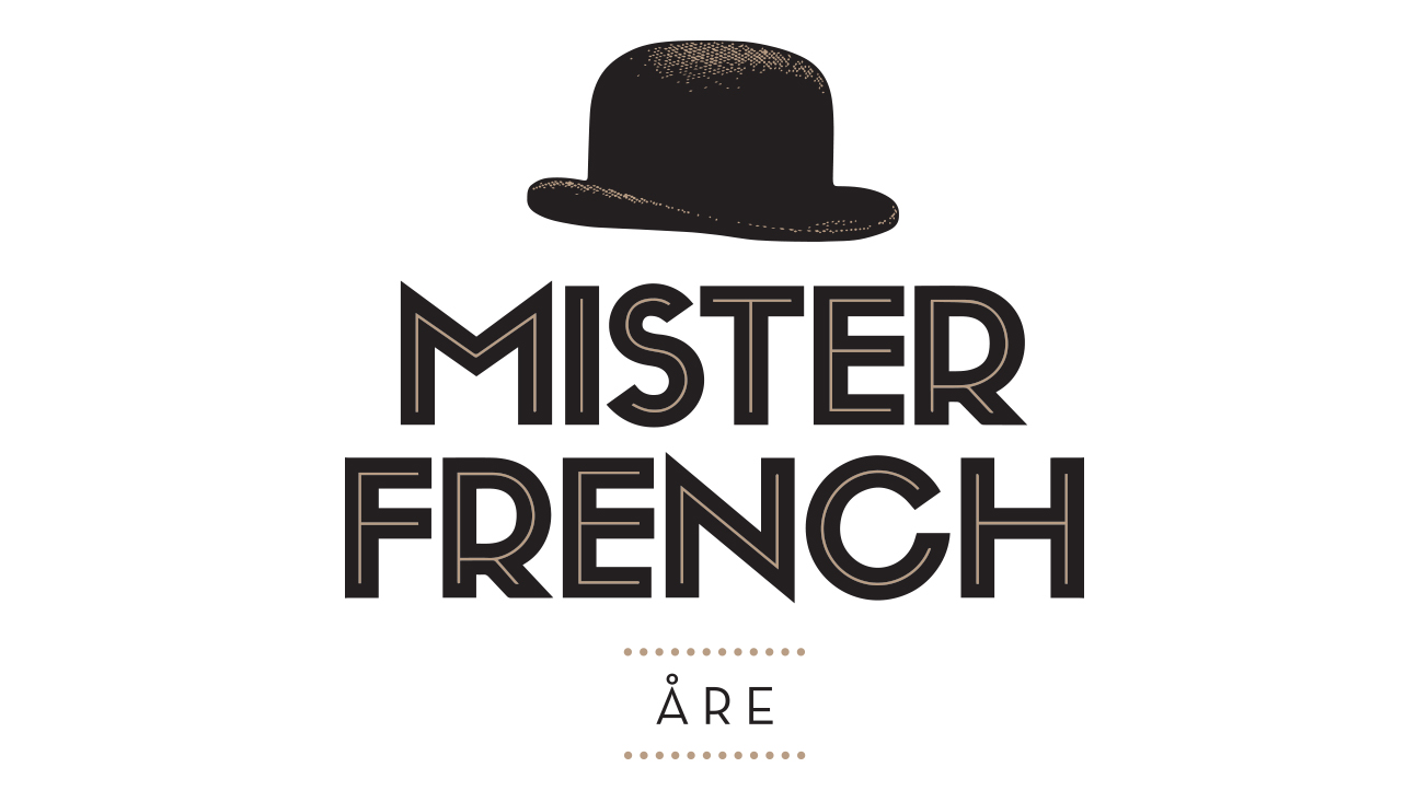Logotyp för Mister French Åre med en svart plommonstop över texten