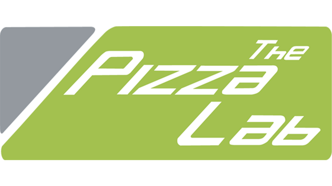 Logotyp för The Pizza Lab i grönt och grått, visar företagets namn i en modern stil