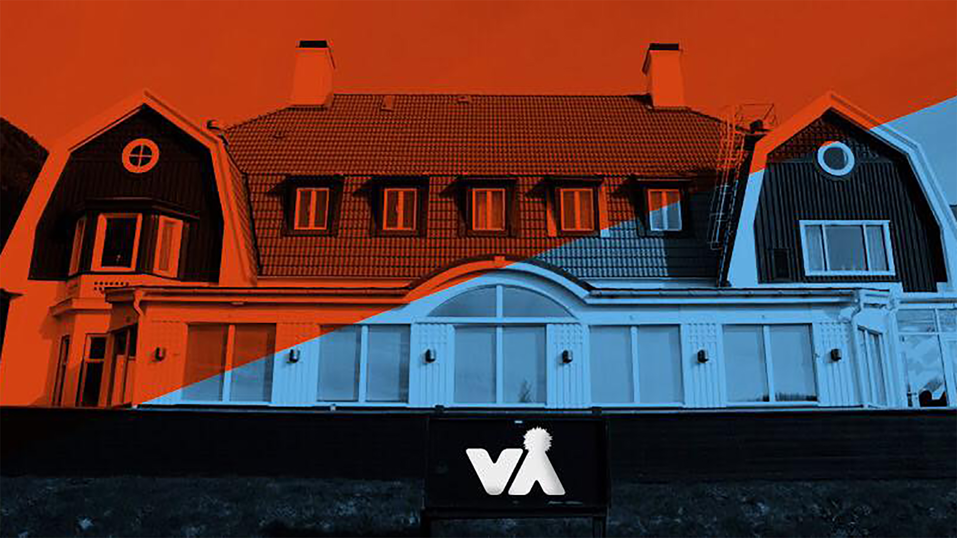 Stor villa i skandinavisk stil med svart och orange färgtema, VÅ-logotyp framför