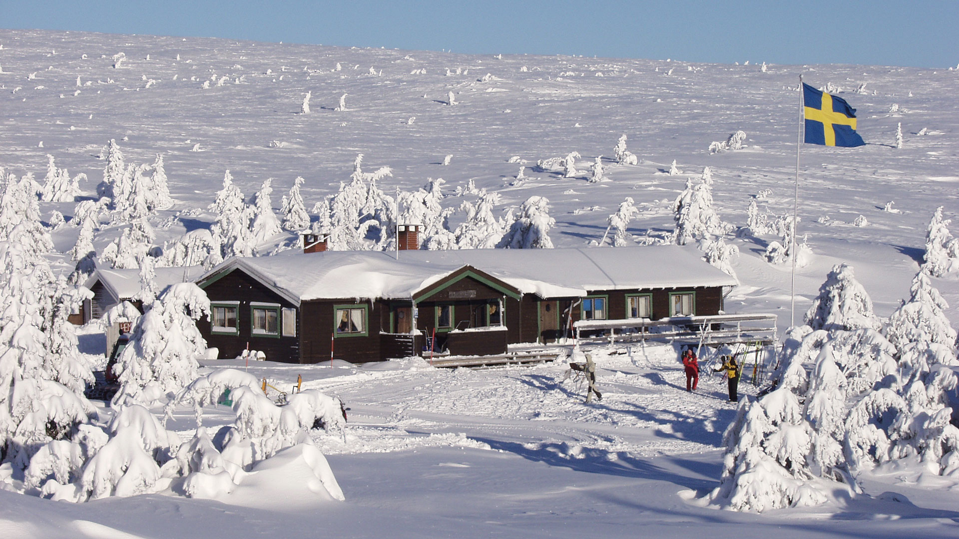 Hemfjällsstugan i Sälen omgiven av snötäckta träd med svensk flagga på fjället