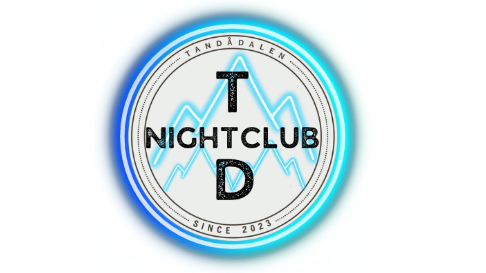 TD Nightclub logo, Tandådalen, etablerad 2023, med neonblå linjer och bergssymbol