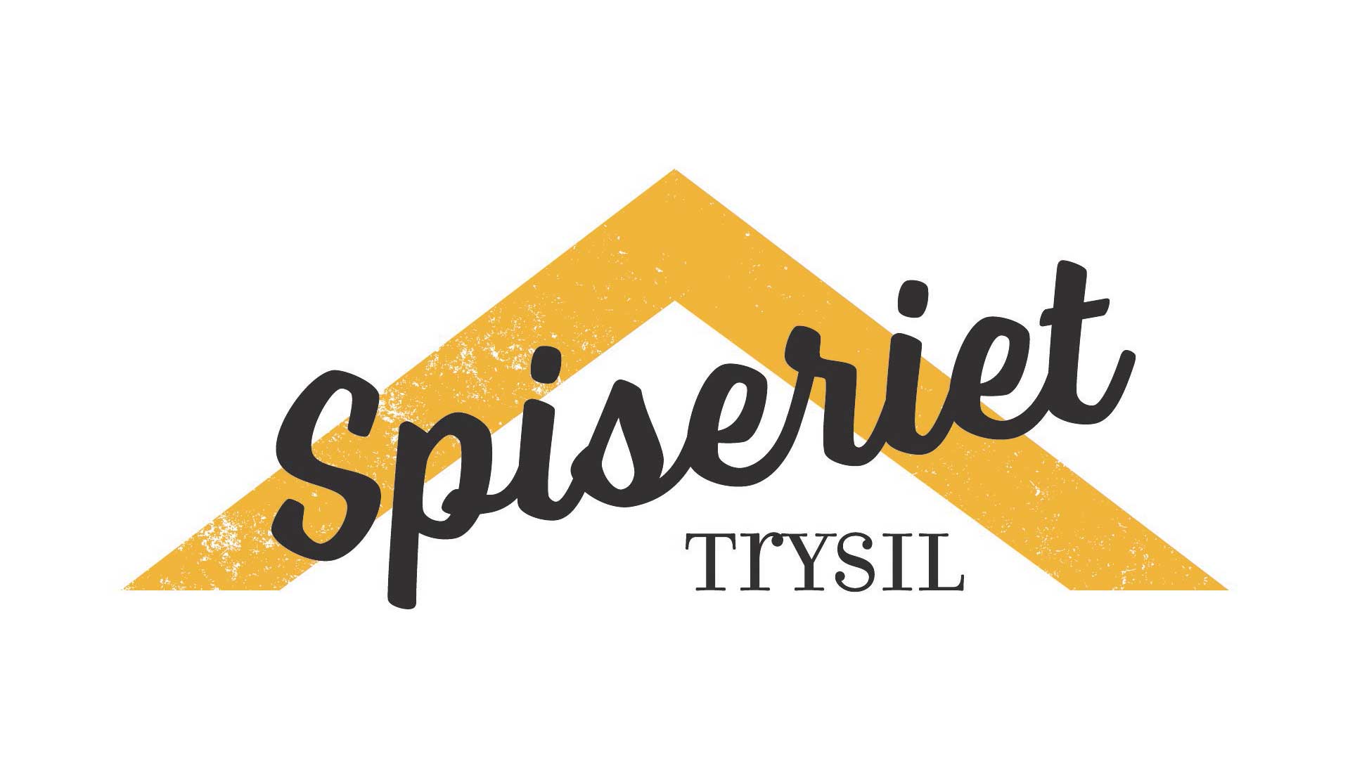 Logotyp för Spiseriet Trysil med svart text och en gul stiliserad bergstopp i bakgrunden