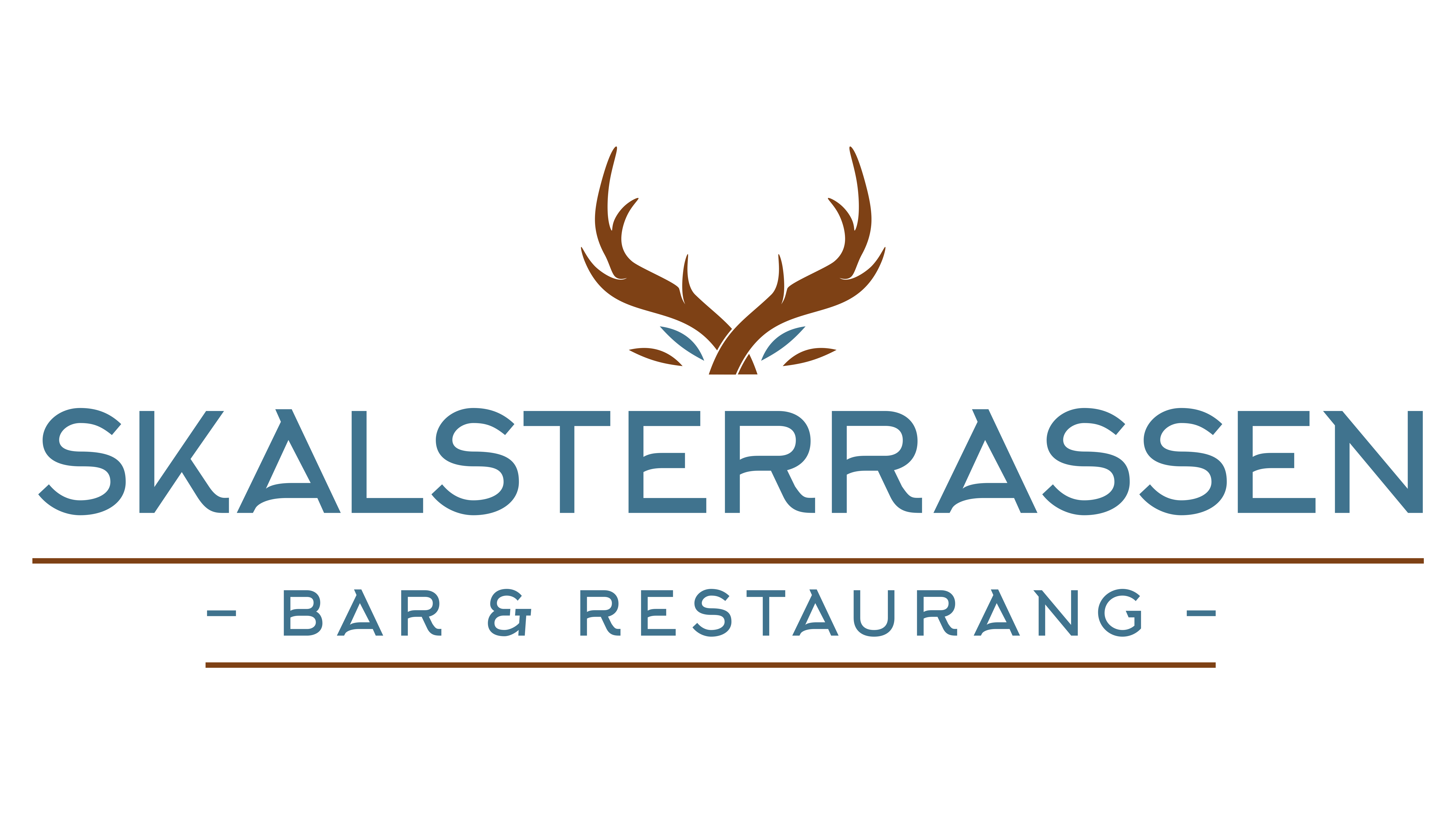 Logotyp för Skalsterrassen Bar & Restaurang med blå text och hornmotiv