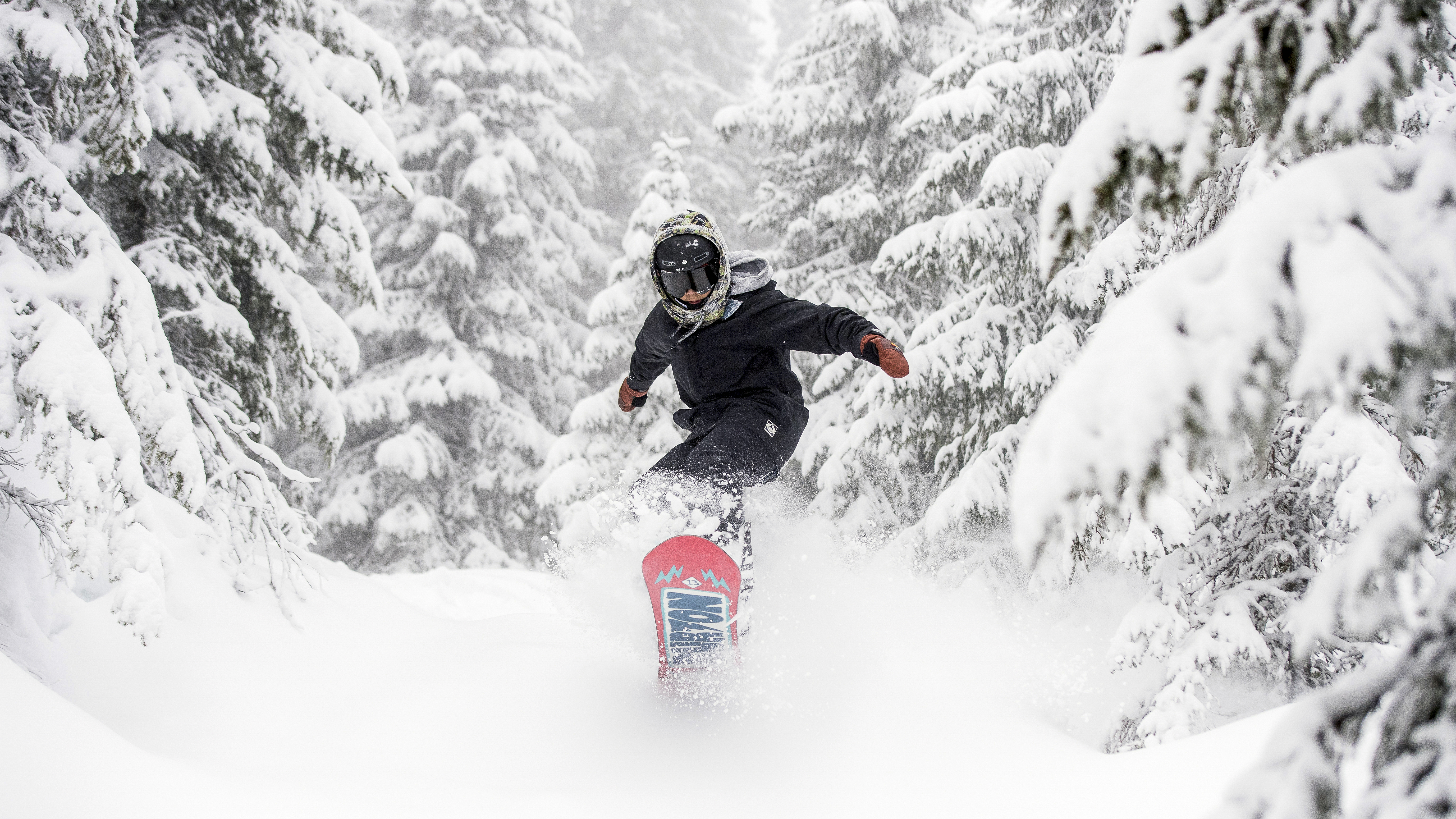 Snowboardåkare i vinterlandskap med snötäckta träd i bakgrunden