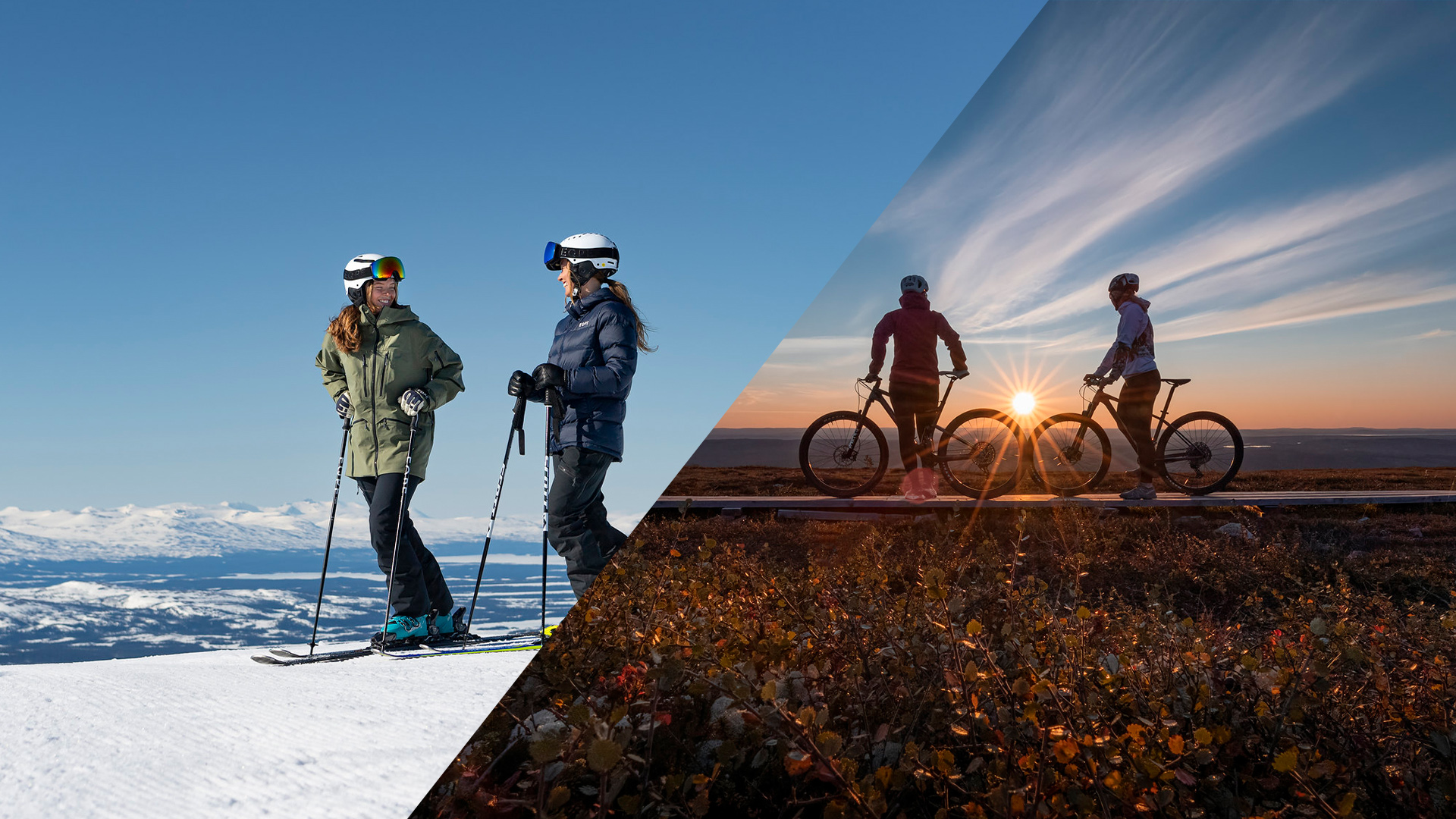 Två personer som åker skidor i snötäckt bergslandskap, bredvid en solnedgångsbild med två cyklister på en stig