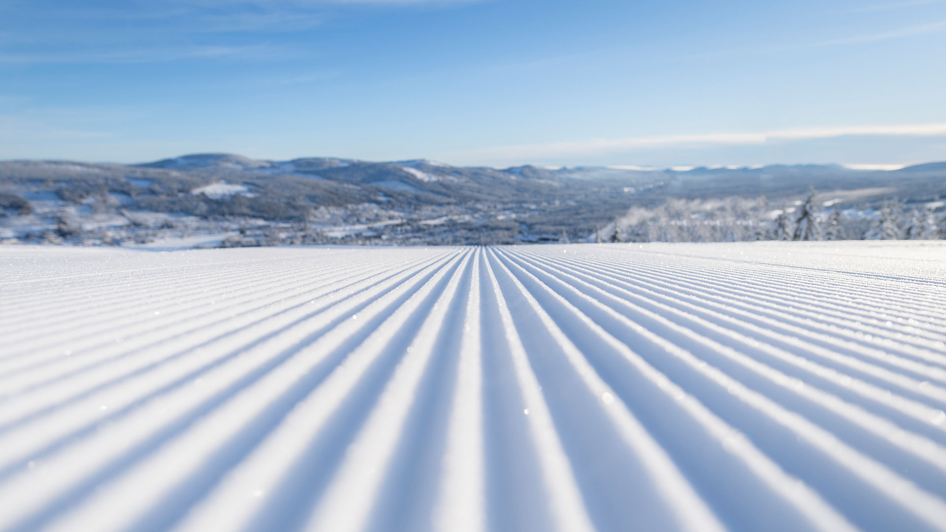 Nypreppet skibakke med utsikt over snødekte fjell under en klarblå himmel