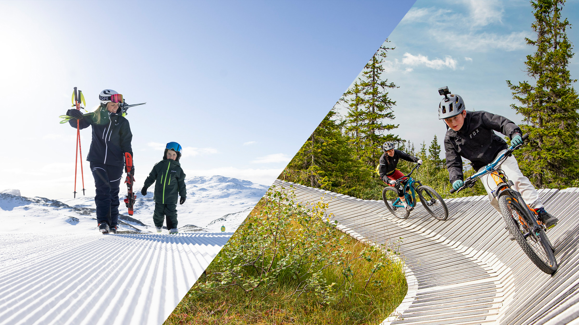 Winter and summer activities in the mountains, children and adults skiing on snow-covered ground and biking on a trail in the forest during sunny weather