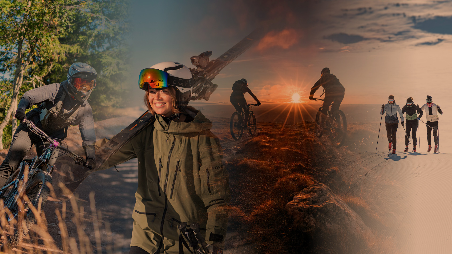 Cykling, skidåkning och friluftsliv i vacker natur med solnedgång i bakgrunden