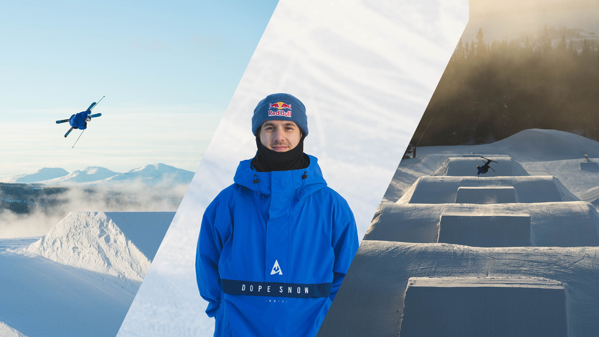 Person i blå jacka och mössa framför snöpark för freestyle-skidåkning med hopp och backar, samt skidåkare som utför trick i luften. Bakgrund av snötäckta berg och skogar