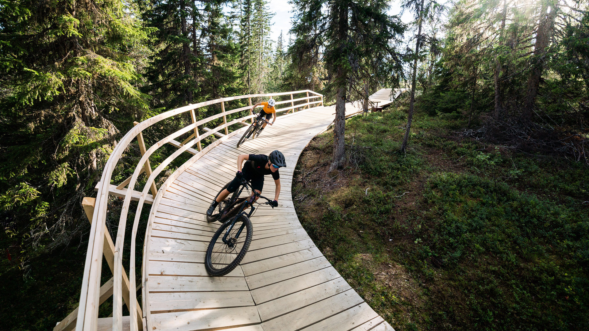 Cyklist kör fort på mountainbike på en cykelled med träspänger i skogen under soligt väder