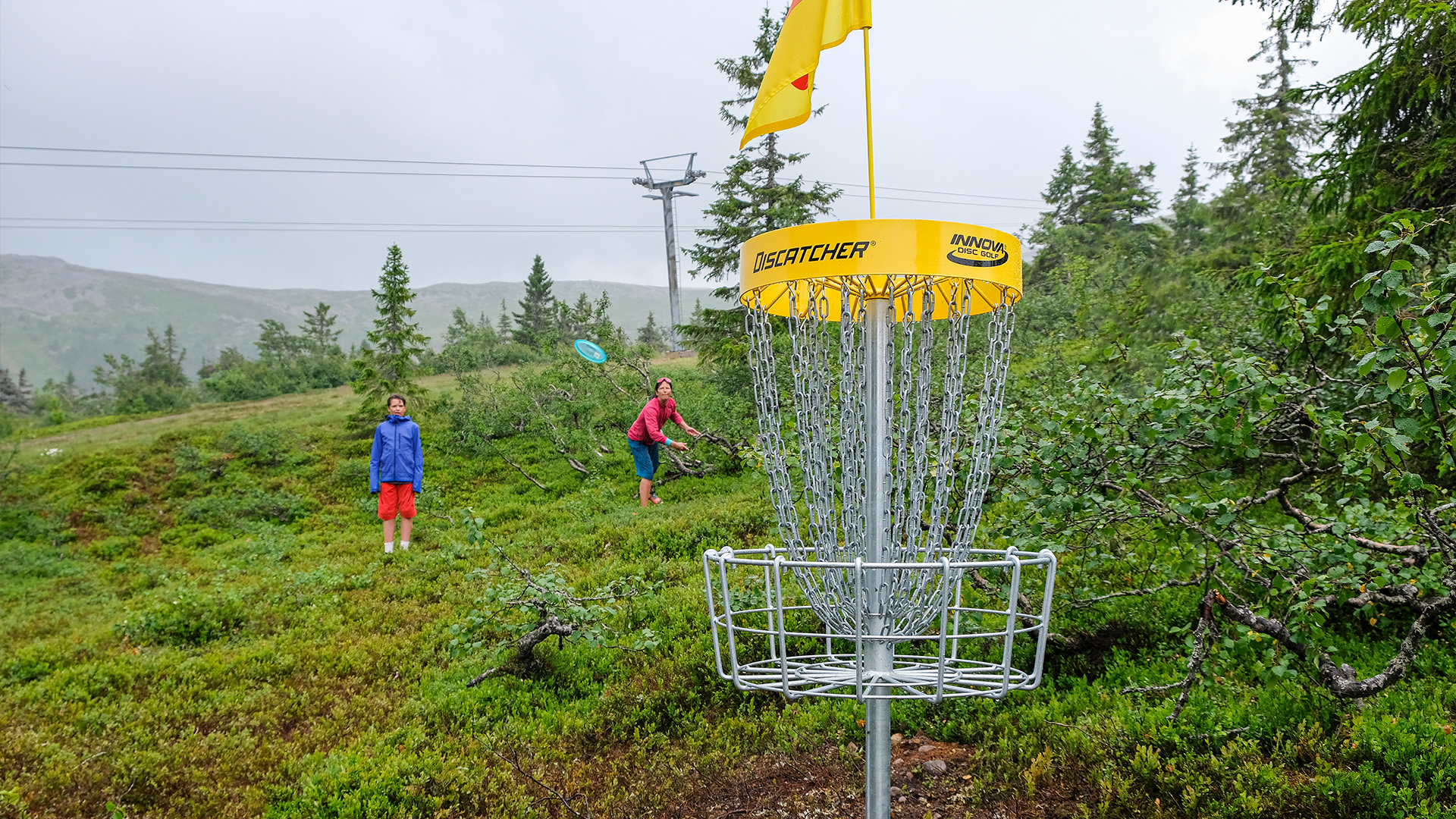 Två personer spelar discgolf på en grönskande bana med en Discatcher-målbur i förgrunden