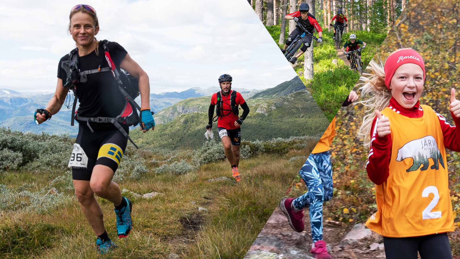 Folk deltar i ulike utendørsaktiviteter: løping i fjellet, terrengsykling i skogen og et barn som deltar i et løp