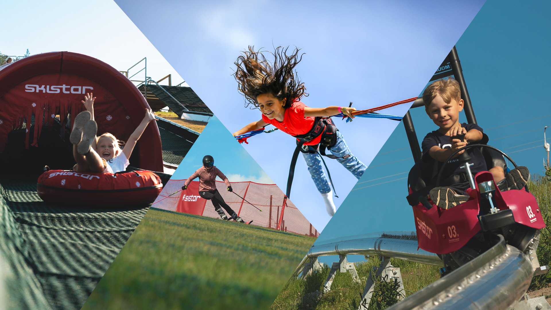 Barn som njuter av olika sommaraktiviteter hos Skistar, inklusive tubing, bungytrampolin och rodelåkning i bergen