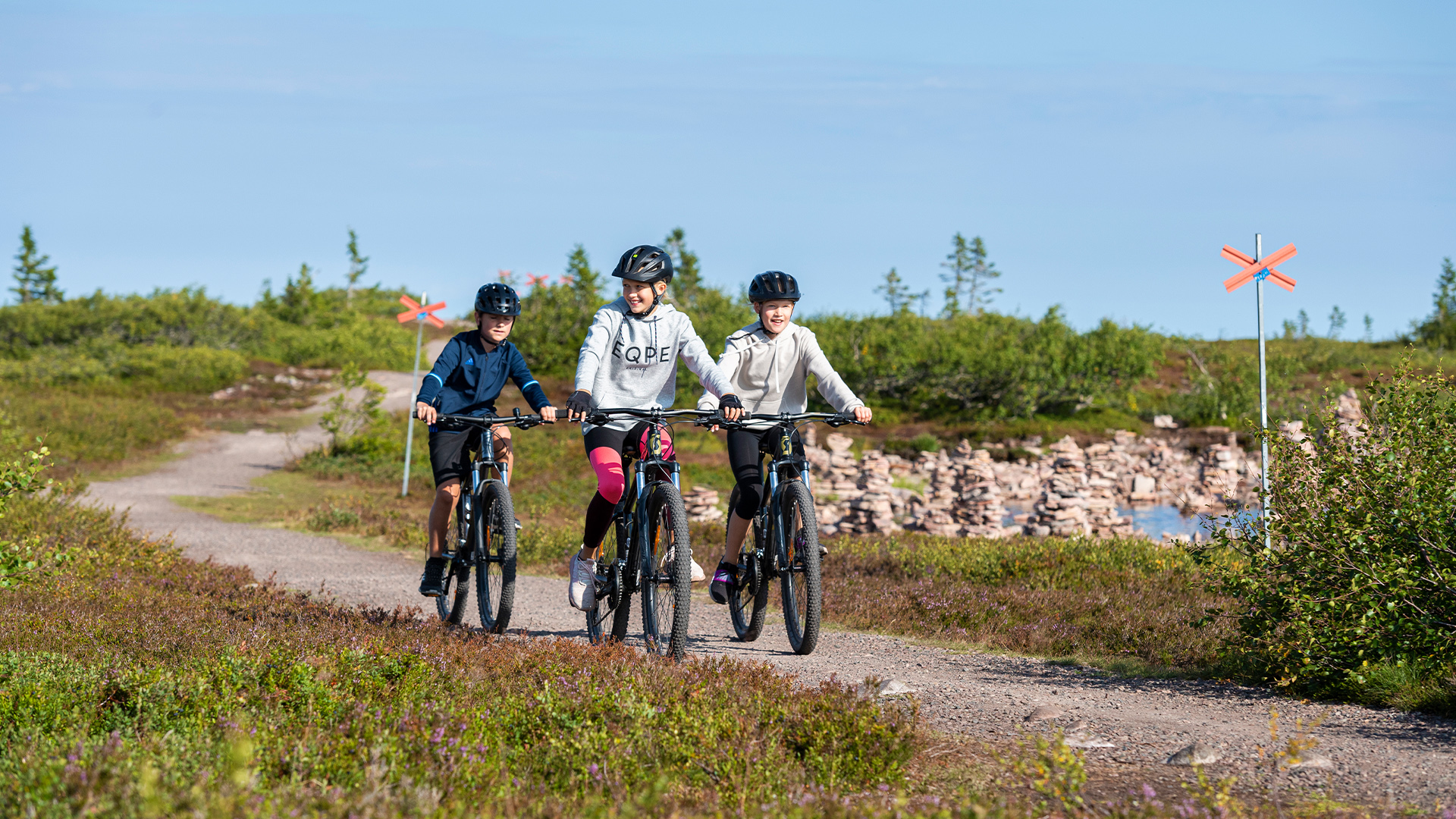 Cykeltur i fjeldene med tre personer på mountainbikes på en grusvej omgivet af grønt og stenrøser på en solrig dag