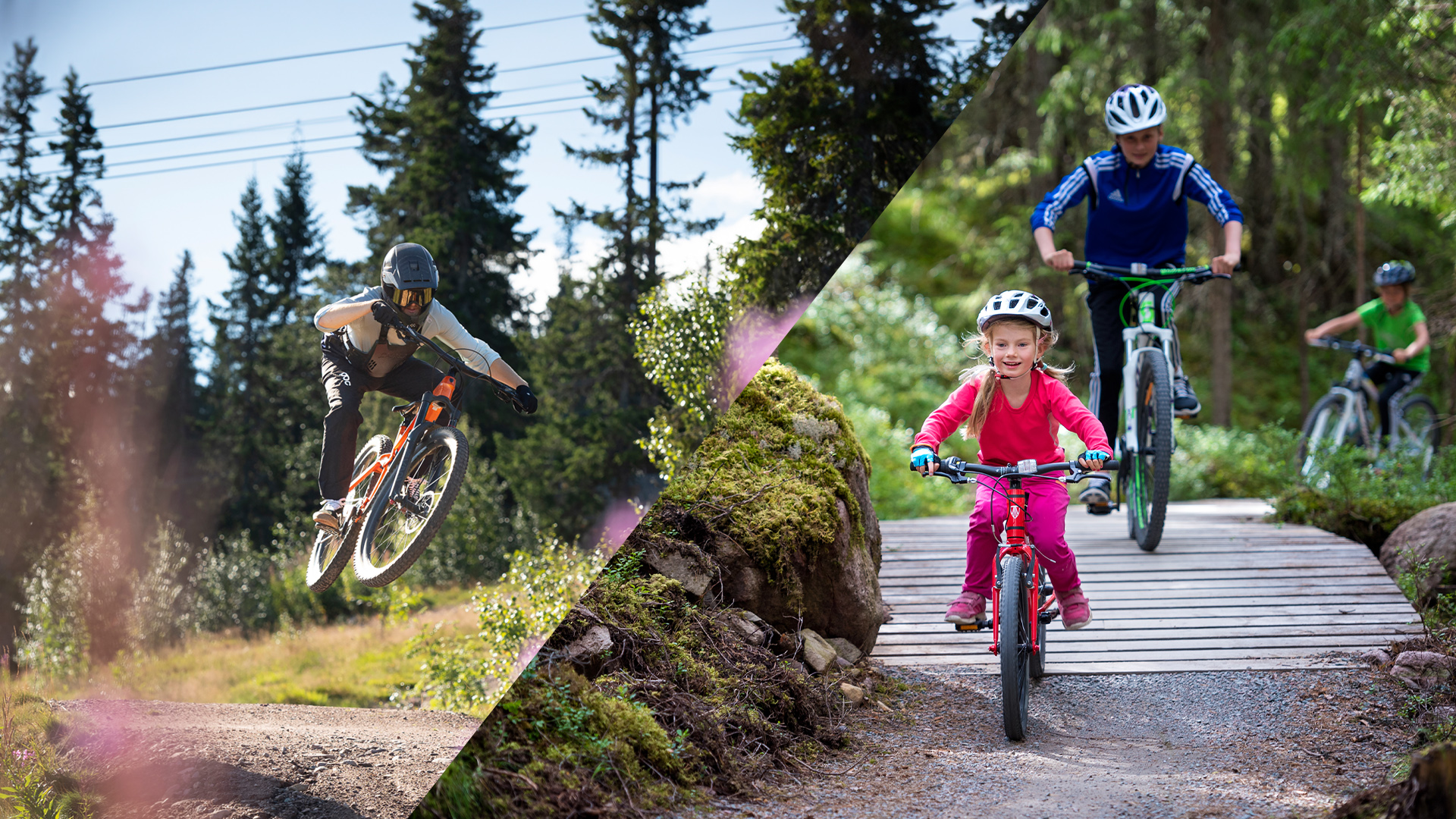 Ensam cyklist och en familj som cyklar i fjällen.