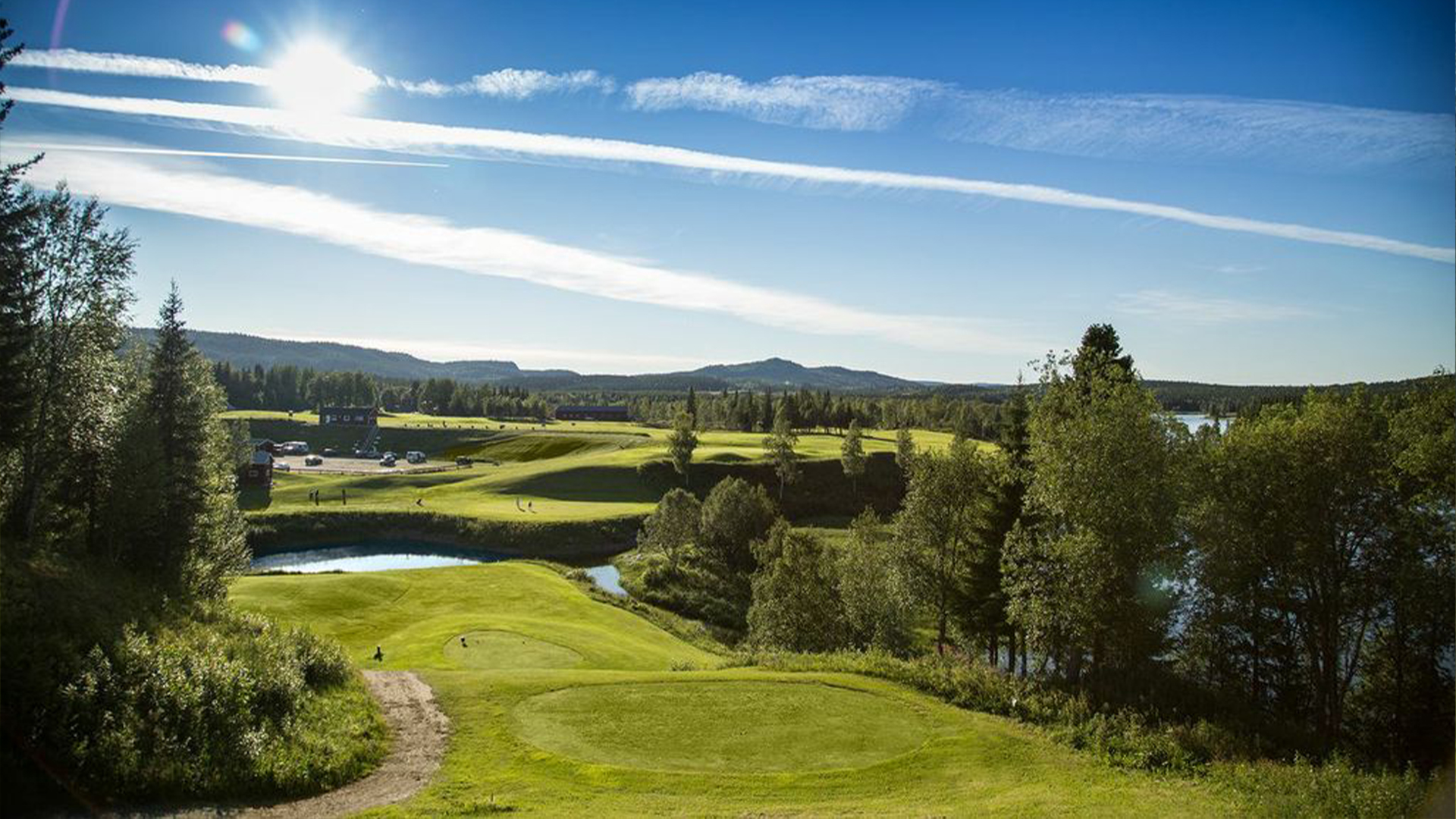 Golfbana med frodig grönska och skog i bakgrunden under en klarblå himmel i Sverige