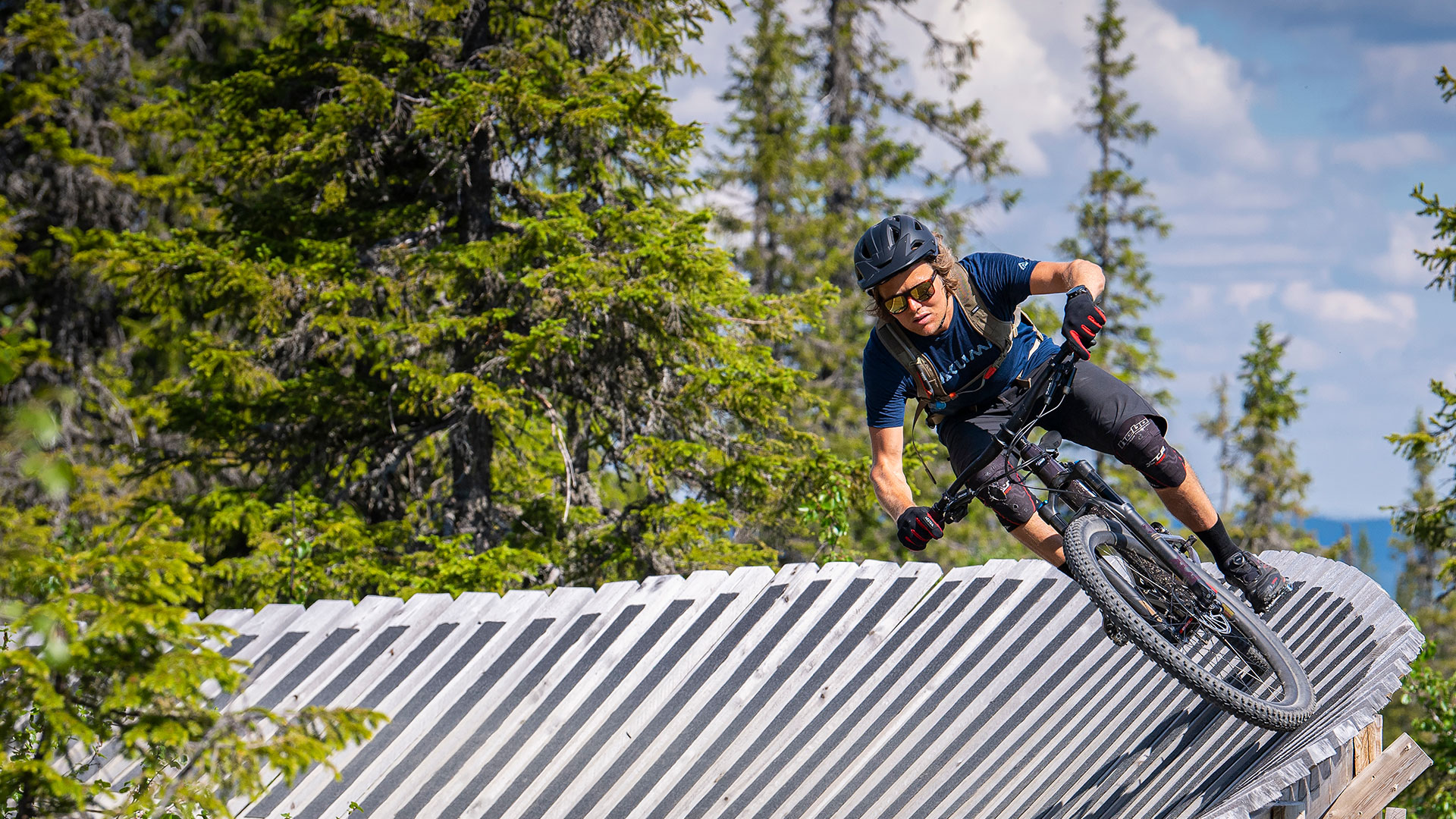 Cyklist åker mountainbike på spår i skogen under en solig dag