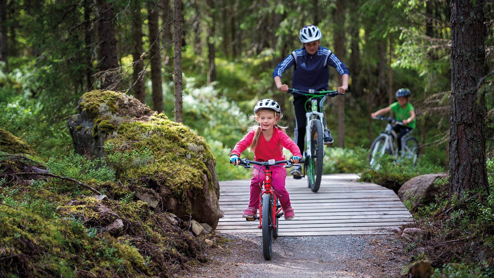 Barn och vuxna cyklar på en stig genom skogen, utrustade med hjälmar och cyklar, omgiven av grönska och träd