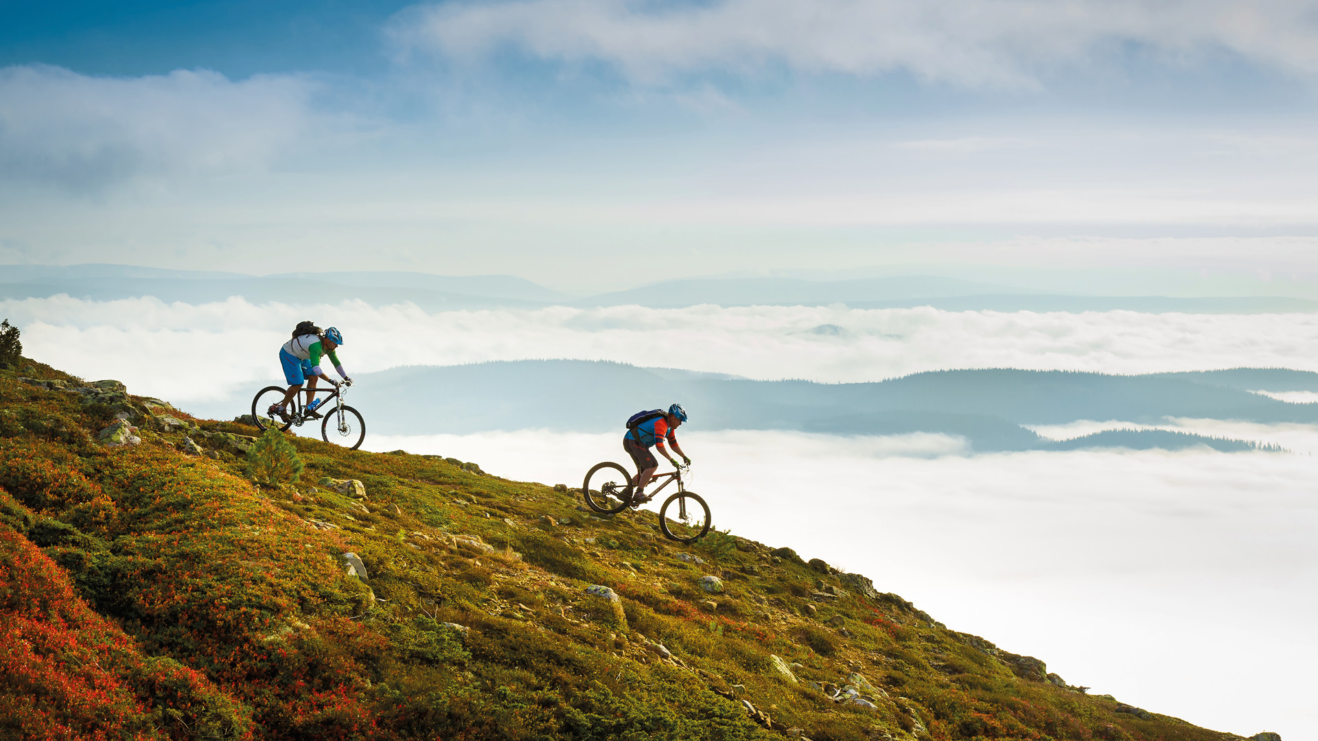 Tre cyklister på mountainbike i bergig terräng ovanför molnen