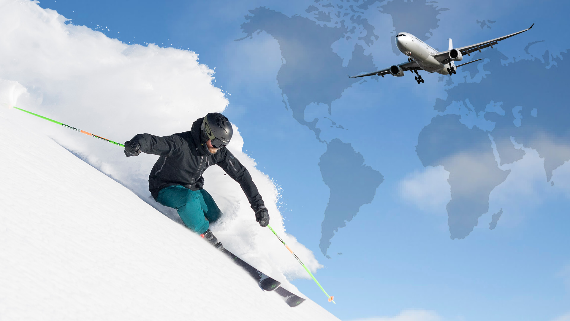 Skidåkare åker ner för en snöig sluttning med bakgrund av ett flygplan i himlen och en världskarta