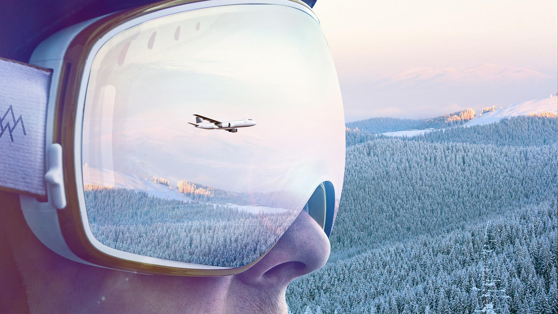 Skidåkare blickar ut över snöklädd skog genom skidglasögon som reflekterar ett flygplan på himlen