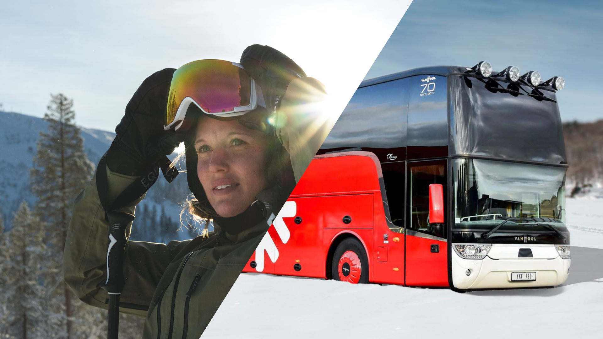 Kvinna med skidglasögon i snölandskap, bredvid en röd turistbuss i vintrig omgivning